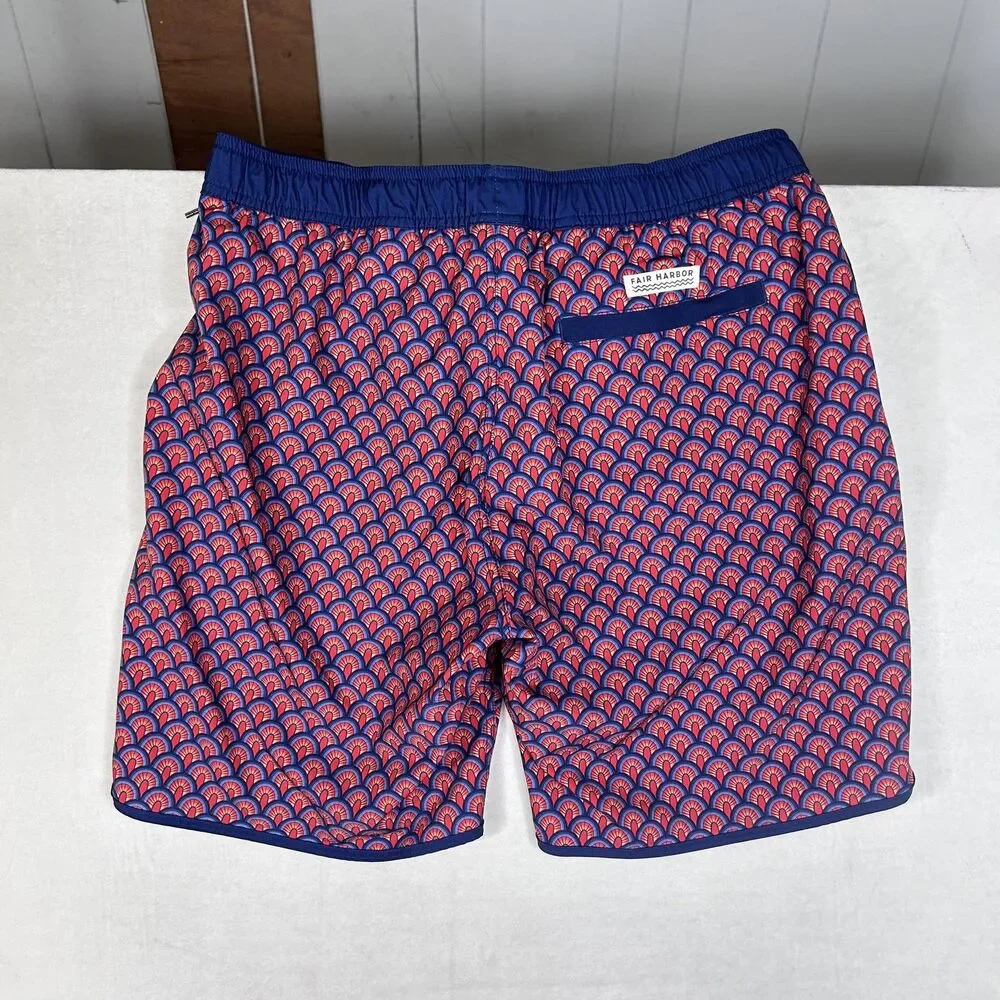 Fair Harbor Swim Shorts Mens Large Blue Geometric Print Lined Elastic Waist